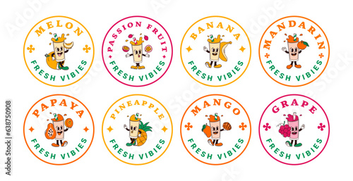 Set of stickers characters of fruit drink from mango, lemonade, pineapple, melon, passionfruit, banana, mandarin, papaya, grape. Isolated vector labels of mascots on transparent background