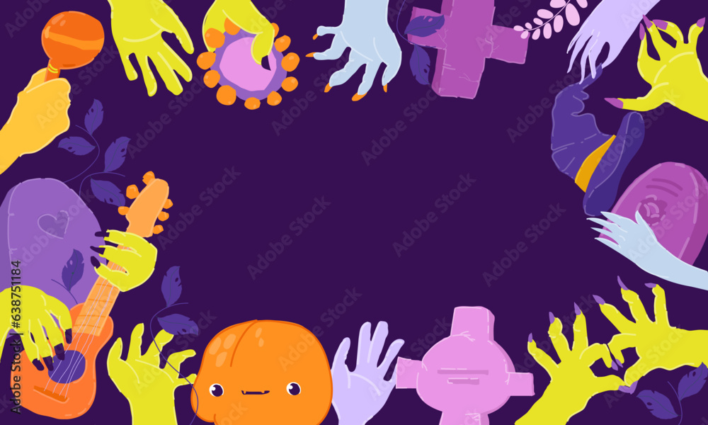 Cartoon Halloween Banner with Zombie Hands playing Music Instruments