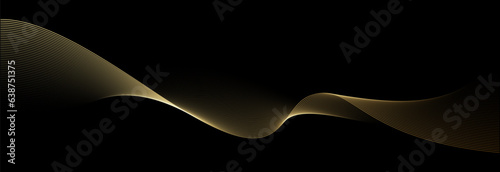 Abstract vector wavy lines flowing smooth curve gold gradient color on black background in concept of luxury, technology, science, music, modern. © korkeng