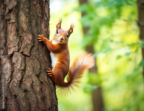 Beautiful squirrel on a tree in a forest park in the summer.  © Fatema