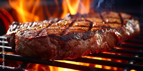 Beef ribeye steak grilling on a flaming grill. 