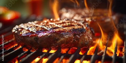Beef ribeye steak grilling on a flaming grill. 