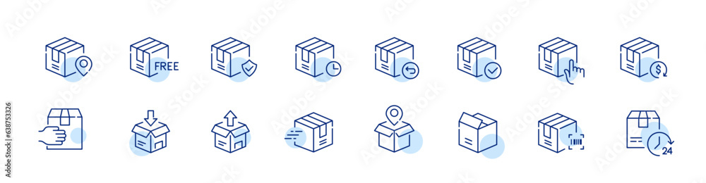 Set of delivery parcel icons. Barcode, send and receive, 24 hour delivery and return. Pixel perfect, editable stroke icon