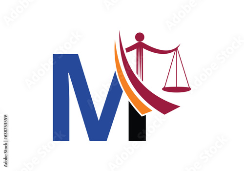 Initial M monogram alphabet with law scale sign symbol. Lawyer And Justice, Law Attorney, Legal,  Law Office, Scale, Logo Template