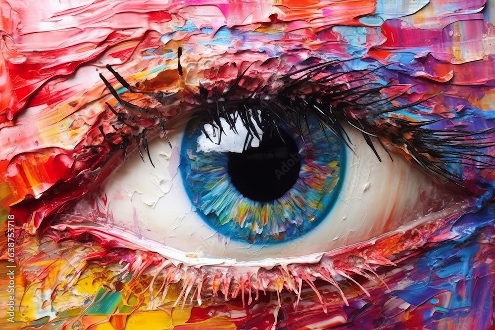 “Fluorite” oil painting. Conceptual abstract picture of the eye. Oil painting in colorful colors. Conceptual abstract closeup of an oil painting and palette knife on canvas. 