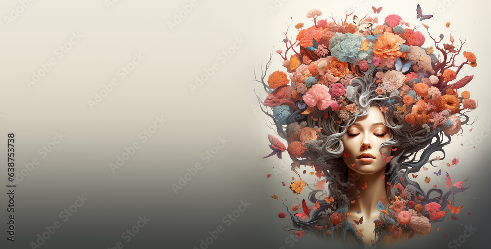 Human mind with flowers and butterflies growing from a tree, positive thinking, creative mind, self care and mental health concept, generative AI