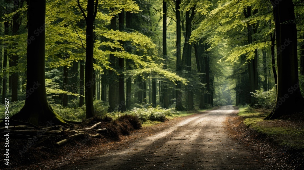 Obraz premium a path through a forest with large trees.