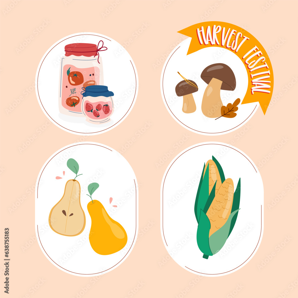 set fall elements vector illustration. Agricultural harvest collection. Thanksgiving Day design. jam, billets, pear, corn. Vector cartoon style isolated illustration for poster, banner, website
