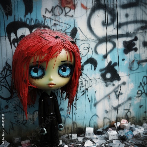 Distressed mixed-media crafted doll with red hair fused with matching urban wall with graffiti and paint splash in a derelict urban street, great fine art album cover that is unusual - generative AI © SoulMyst