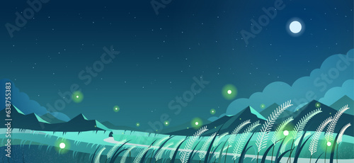 Serene grassland with fireflies