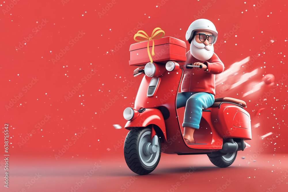 Santa Claus driving motor scooter with gifts Santa Claus driving motor scooter with gifts
