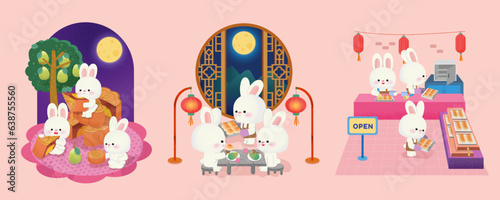 Cute rabbits and mooncakes