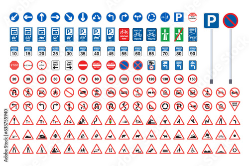 Traffic signs collection. Signs of danger, mandatory, obligations and alerts. Supplementary and routing table. Temporary traffic signs. Vector.