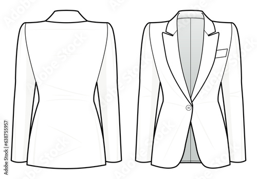 Women's Single Button Blazer fashion flat technical drawing template. Double-breasted coat vector template illustration. front and back view. women's jacket, white colour. Women's jacket, CAD mockup.