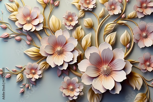 Elegant colorful 3d flowers with leaves on a tree illustration background. Generative AI