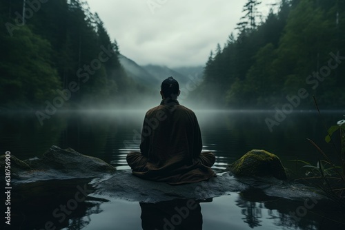 Man in meditation, sitting in the lotus posture in front of a lake. Generated with AI photo
