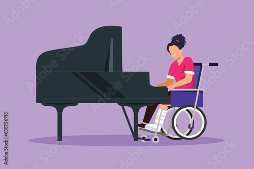 Graphic flat design drawing disabled beautiful woman in wheelchair playing piano in concert. Classical music performance in hospital. Rehabilitation center patient. Cartoon style vector illustration