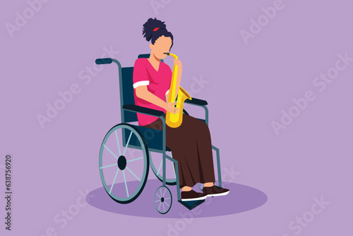 Character flat drawing woman sitting in wheelchair plays saxophone. Disability and classical music. Fracture in her leg. Person in hospital. Rehabilitation center. Cartoon design vector illustration