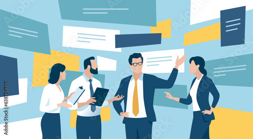 Discussion. An argument. People stand, discuss and point to messages floating in the virtual space around the table. Vector concept illustration.