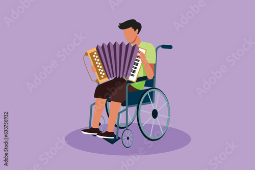 Graphic flat design drawing disability and music. Man in wheelchair playing accordion. Physically disabled, injured body, in hospital. Rehabilitation center patient. Cartoon style vector illustration