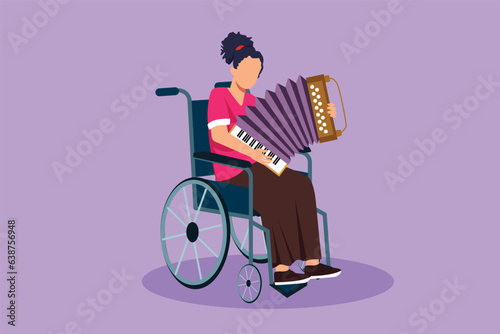 Graphic flat design drawing disabled beautiful woman in wheelchair playing accordion music. Classical musical performance in hospital. Rehabilitation center patient. Cartoon style vector illustration