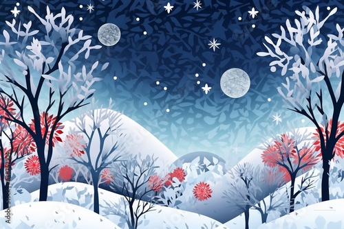 Winter blue background with colorful snowflakes.