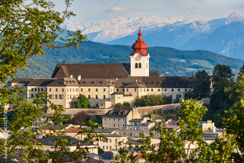 Nonnberg abbey and alpine range in Salzburg. Travel destination. Austria photo