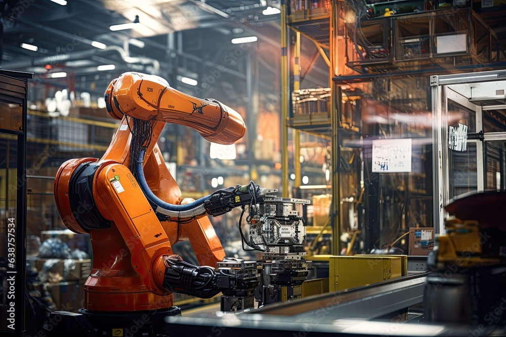 Smart industry robot arms for digital factory production line. artificial intelligence for industrial revolution. humanoid robot operating a forklift at a bustling industrial complex, AI Generated
