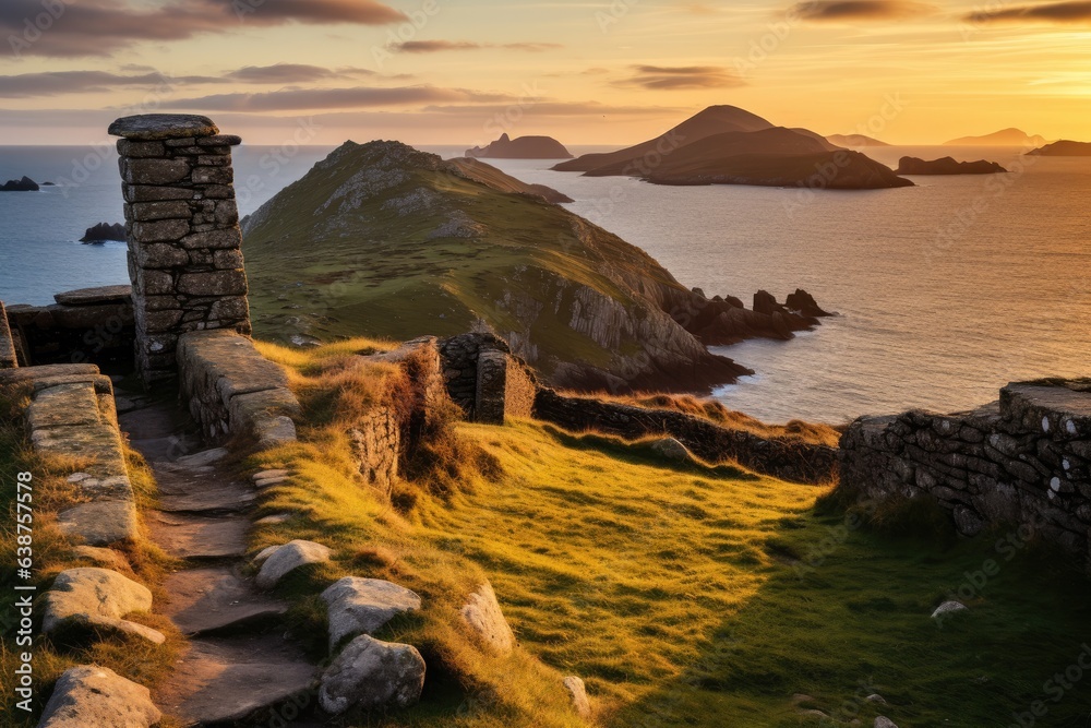Sunset on the Isle of Skye in Scotland, United Kingdom, valentia island in the ring of kerry in the south west coast of ireland during an autumn sunset, AI Generated