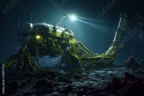 Spaceship in the deep sea. 3d render illustration. massive deep sea mining operation, robotic arm drags the seabed with a robotic harpoon, AI Generated © Iftikhar alam