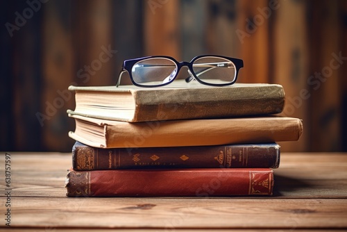 Stack of old books with glasses on wooden table. Education concept. A vintage pile of five old brown leather books with eye glasses on a wood table, AI Generated
