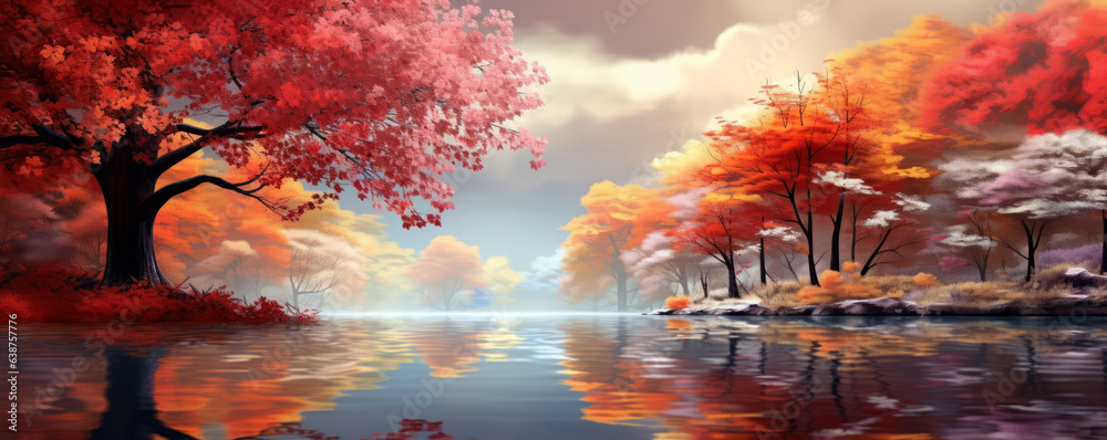 Beautiful panorama of the autumn foliage in the lake. Autumn forest lake reflection. Autumn forest reflected in lake water. Generative AI.