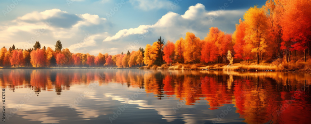 Fototapeta premium Beautiful panorama of the autumn foliage in the lake. Autumn forest lake reflection. Autumn forest reflected in lake water. Generative AI.