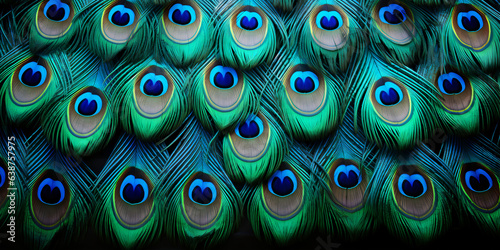 peacock feather texture, feather schemed background, closeup shot, panorama, blue, elegant, shallow arranged, Generative AI