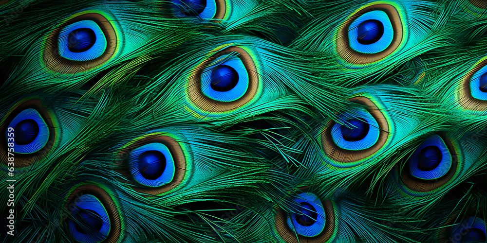 Obraz premium peacock feather texture, feather schemed background, closeup shot, panorama, blue, elegant, shallow arranged, Generative AI