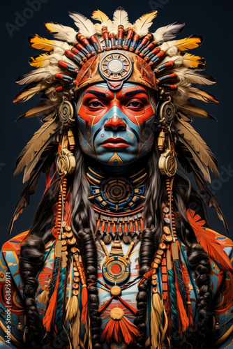 an indigenous man wearing an ornate headdress and feather headband. Indigenous Peoples Day illustration