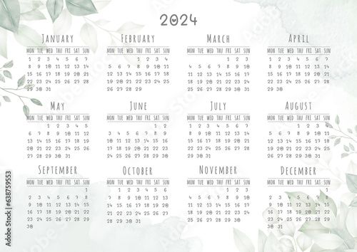 2024 Calendar Watercolor, Abstract, Pastel, Flower, green Leaf, Eucalyptus Theme - Monday start