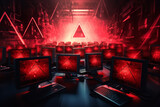 An ominous red warning sign illuminates a swarm of computer viruses, signifying immediate danger in the digital space