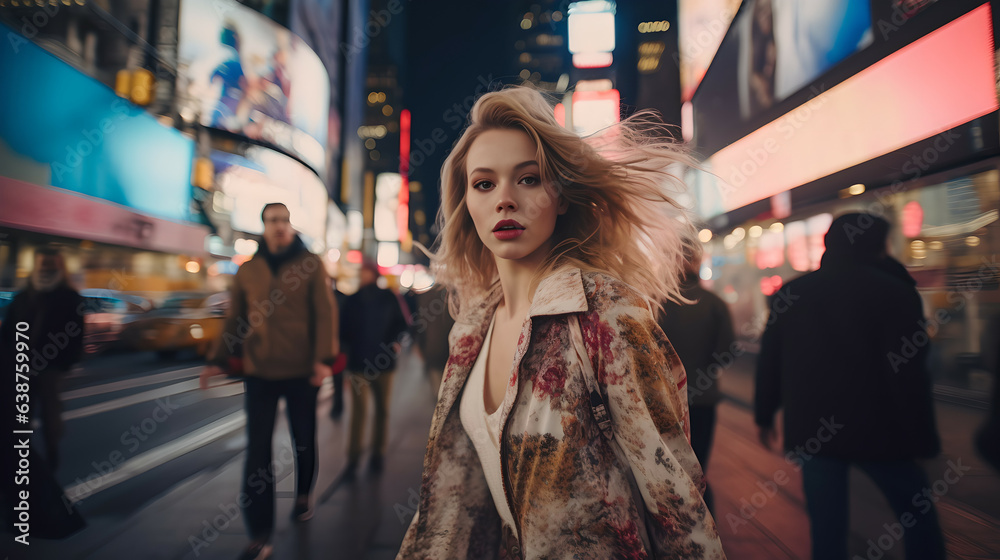 portrait photo of a blonde model running at night along a megalopolis street, among people, photorealistic
