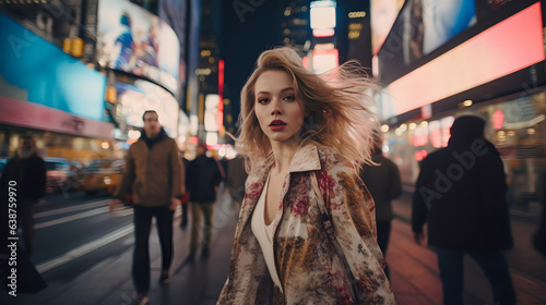 portrait photo of a blonde model running at night along a megalopolis street, among people, photorealistic © Andrei