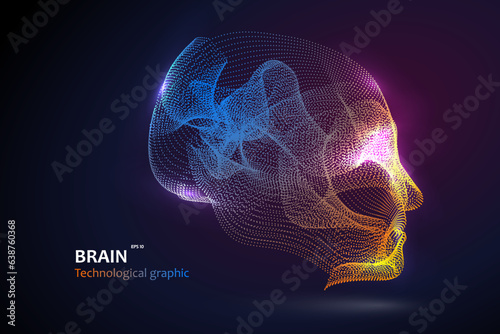 Head graphic made of streamlined particles, vector illustration.