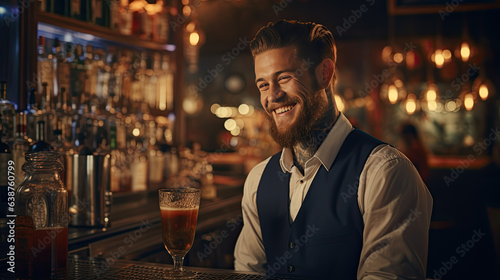 a bartender in a rustic cocktail bar. a bartender in a rustic cocktail bar.