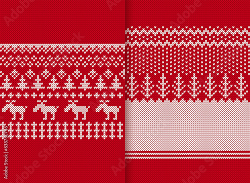 Knitted red winter landscape background. Christmas pattern with deers, trees. Xmas seamless knit texture. Holiday fair traditional ornament. Festive winter print. Wool pullover vector illustration.