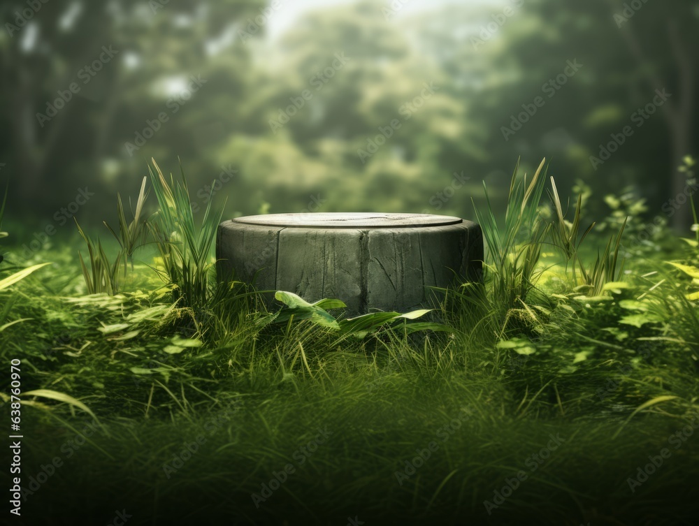 A round pedestal in the grass with trees, with a calm blur and fog effect A round pedestal in the grass with trees, with a calm blur and fog effect