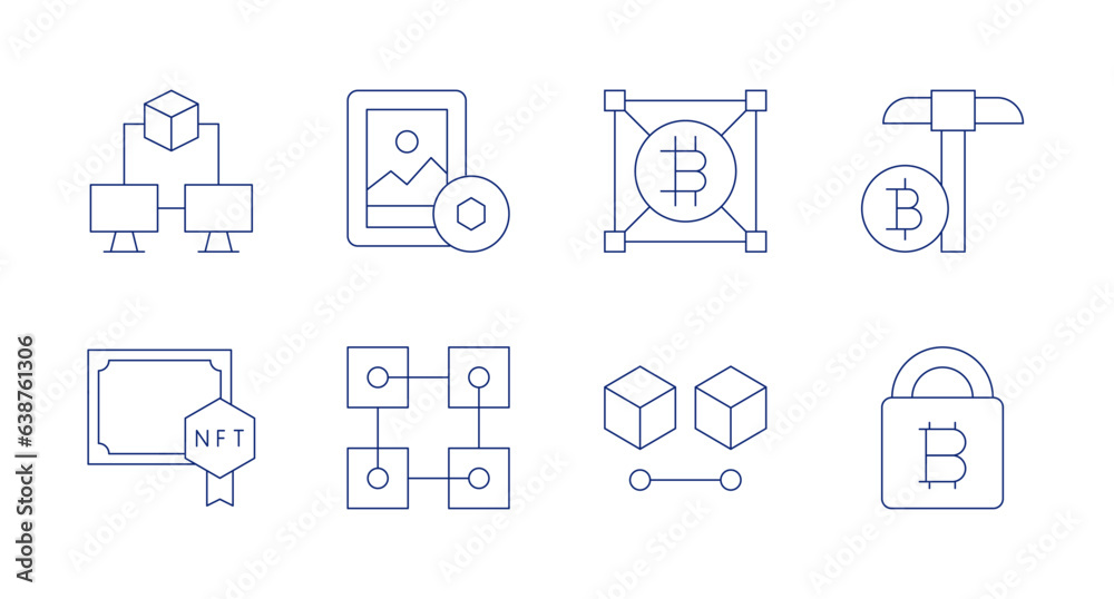 Blockchain icons. editable stroke. Containing blockchain, art, bitcoin, mining, certificate, padlock.