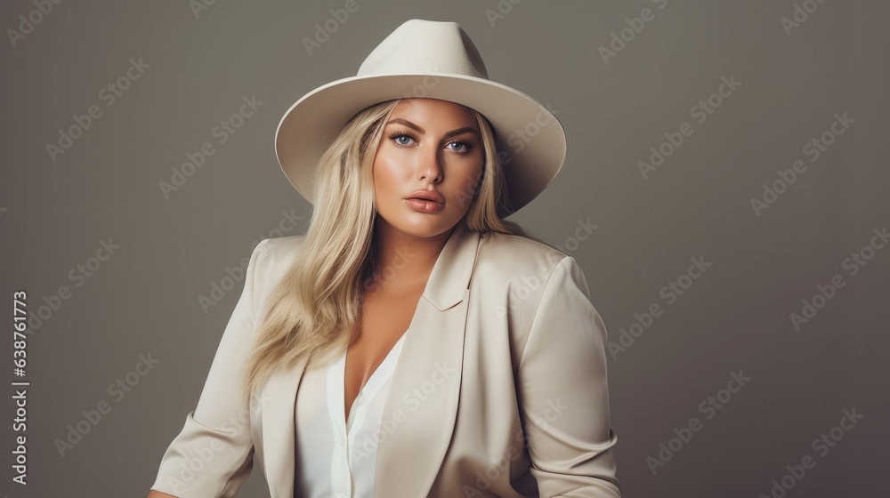 a stunning young plus-size woman model wearing a white blazer and a hat a stunning young plus-size woman model wearing a white blazer and a hat