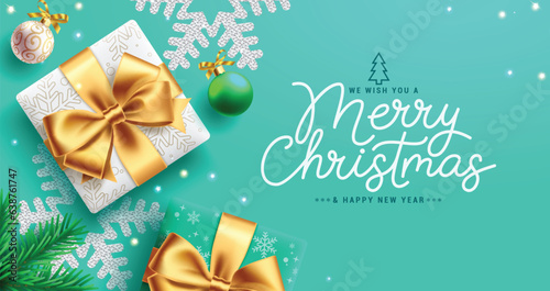 Merry christmas text vector design. Christmas gifts boxes with snow flakes pattern decoration elements for holiday season greeting card. Vector illustration christmas and new year background.
