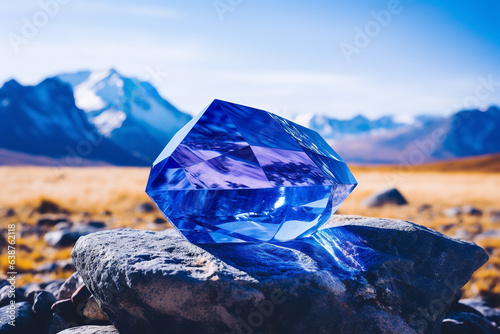 Atop a snow-capped mountain, a tanzanite reflects the vivid azure of the sky, merging earth and heavens photo