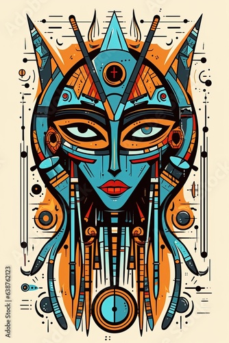 Goddess of Egypt wearing traditional colorful mask. Abstract poster design. Generative Ai illustration