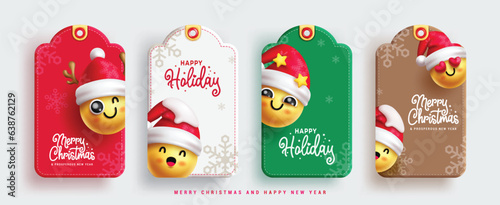 Christmas emojis tags vector set design. Merry christmas and happy new year text with emojis cute characters for gift wrap tags collection.
